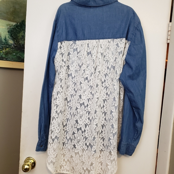 Justify denim with lace back button up shirt plus size - Picture 2 of 7